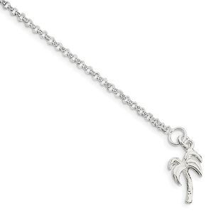 Sterling Silver Palm Tree 3mm Rolo Link Anklet, 10 Inch